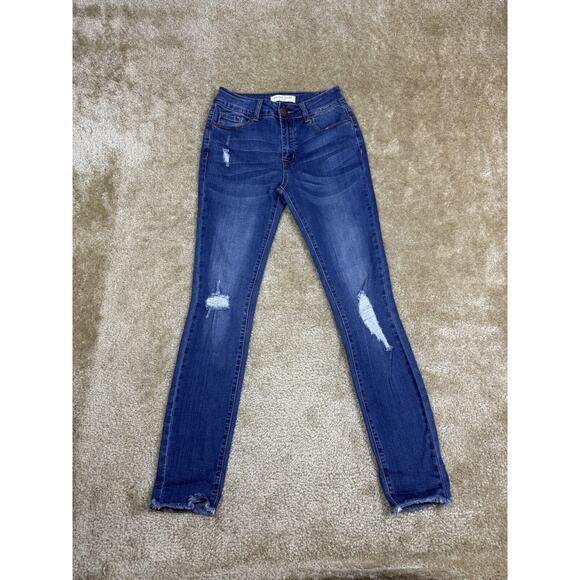 Encore Jeans Denim - Encore Jeans Skinny Distressed Dark Wash Size 3 Stretch Raw Hem A530